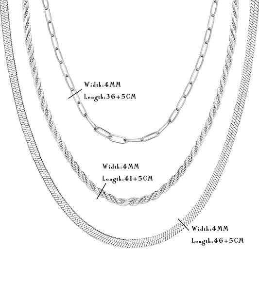 A stainless steel necklace with a golden finish, featuring a layered design. The necklace is shown in three different lengths labeled as 36+5cm, 41.