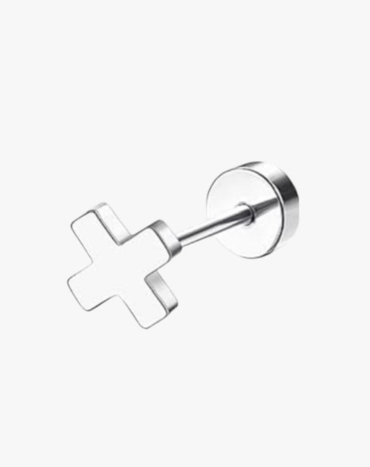 A silver-colored stainless steel stud earring with a simple, geometric design, featuring a bar with a small protruding end.