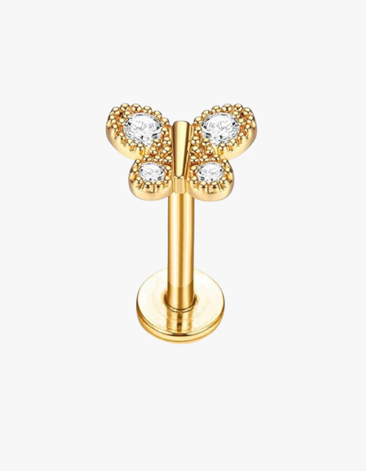 A stainless steel stud earring with a clear, faceted crystal design resembling a butterfly.