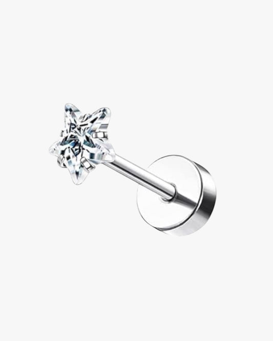 A single silver-colored stud earring with a clear, faceted crystal gemstone attached to it.