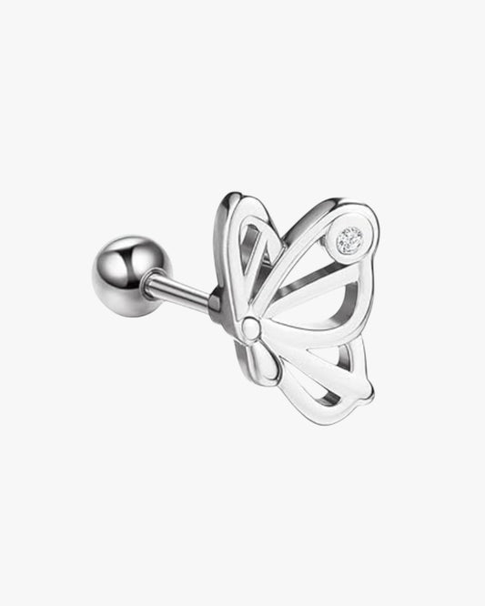 A silver-colored stainless steel stud earring with a butterfly design.