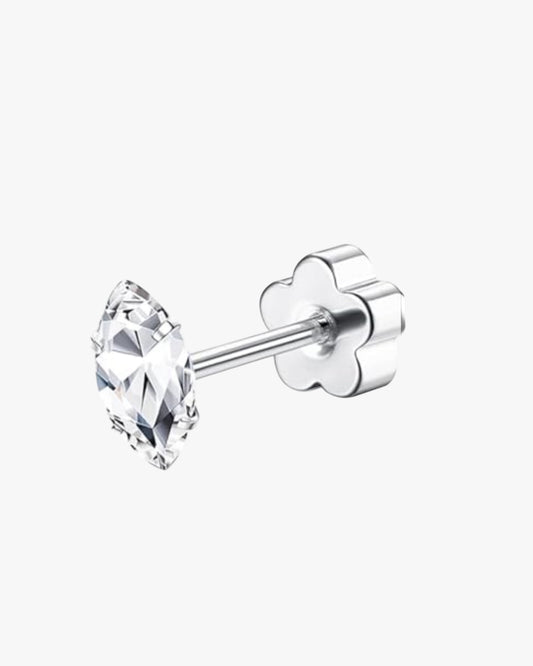 A double-headed earring with a long, clear crystal in a silver-tone setting.