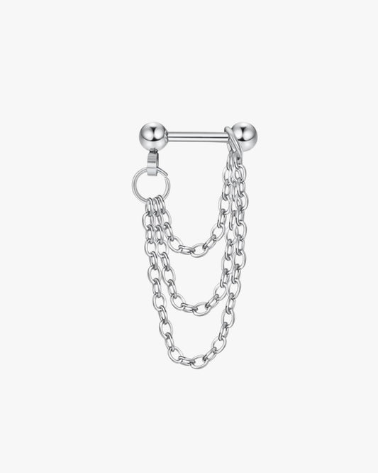 A single silver-colored stainless steel hoop earring with a chain design.