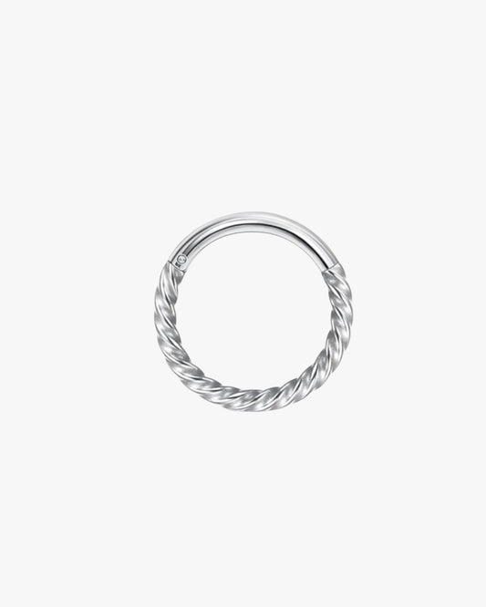 A silver-colored hoop earring with a twisted design, displayed against a white background.