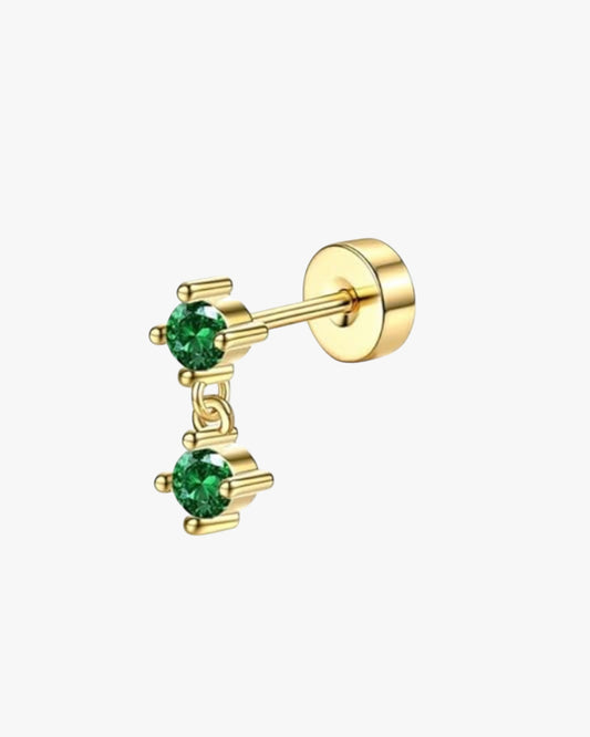 A gold-colored stud earring featuring two green gemstones.