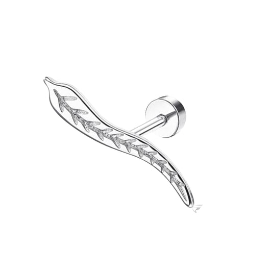 A silver-colored stainless steel stud earring with a geometric design, featuring a curved bar with a ball on top.