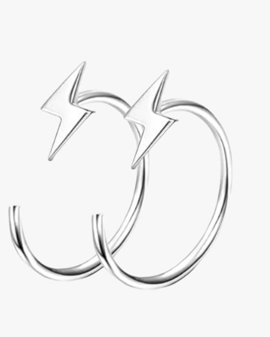 A pair of silver-colored stainless steel hoop earrings with a lightning bolt design through the center.