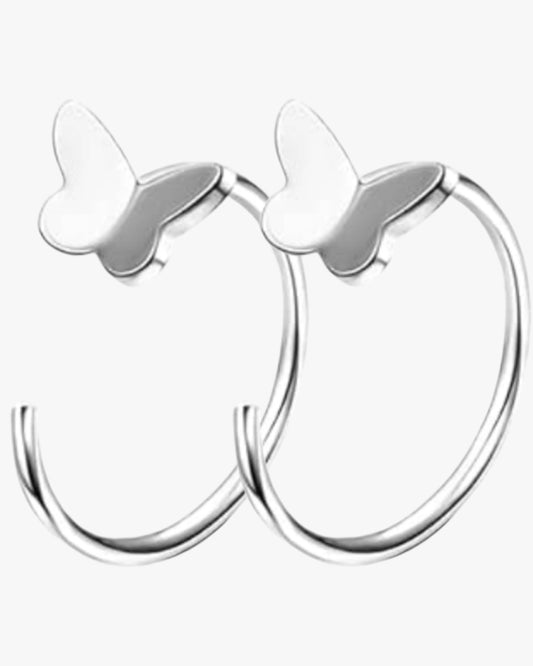A pair of silver-colored stainless steel butterfly-shaped earrings