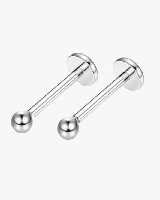 A pair of silver-colored stainless steel ball stud earrings with a smooth finish and simple design.