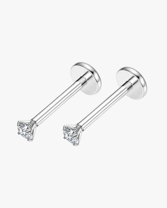 A pair of 18K silver plated threadless pave stud earrings with clear cubic zirconia, displayed against a white background.