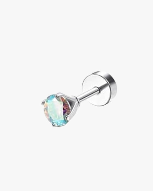 A single silver-colored stud earring with a clear, round gemstone.
