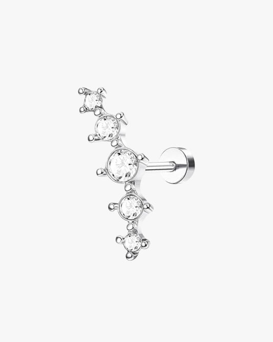 A single silver-colored stud earring with multiple clear crystals set in a geometric pattern.