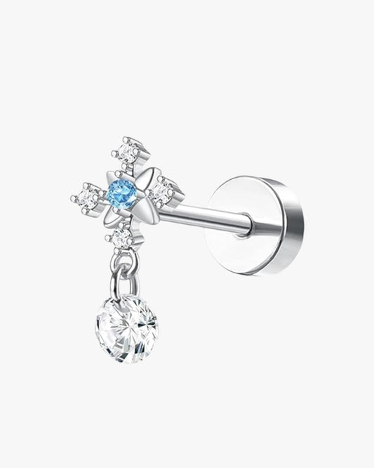 A single silver-colored stud earring with a blue and clear crystal design.