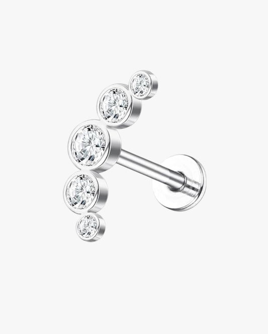 A single stud earring with a silver-colored mounting and adorned with clear crystals.