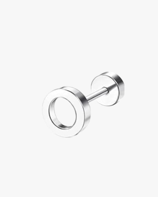 A single silver-colored stud earring with a circular hoop design and a small ball at the end.
