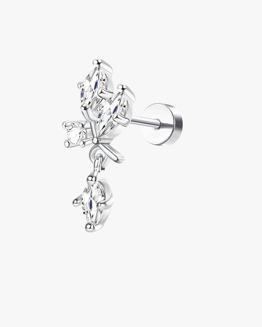 A single s-colored stud earring with multiple clear crystals set in a classic six-prong setting.lver