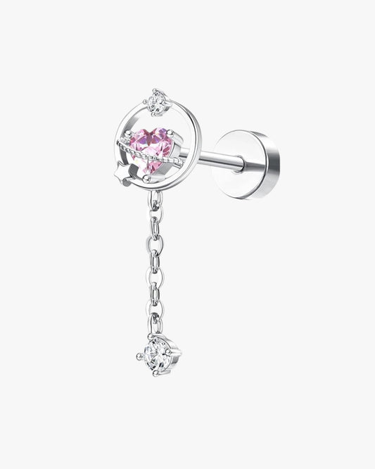 A single silver-colored stainless steel stud earring with a round frame and a small pink crystal in the center, attached to a chain.