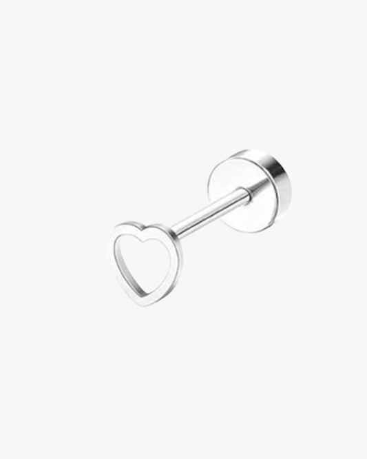 A silver-colored stainless steel stud earring with a heart-shaped design at the end of the bar.