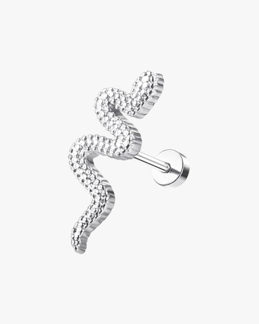 A silver-colored snake-shaped stud earring with a textured surface.