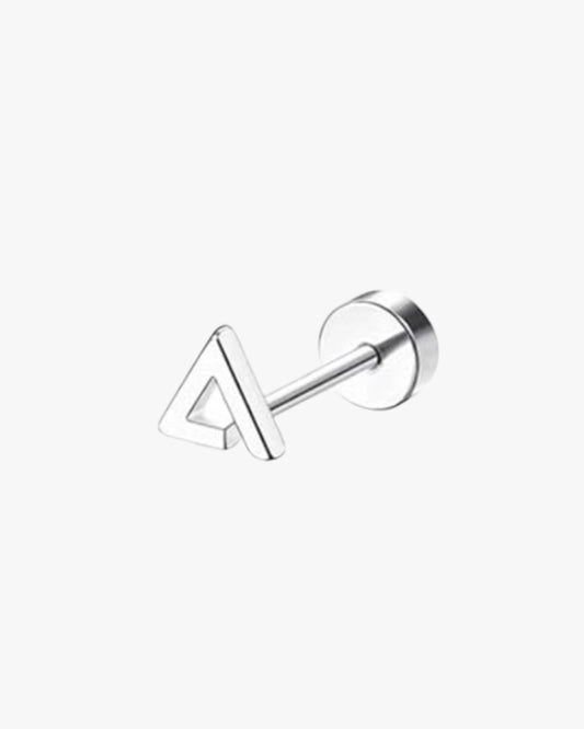 A single silver-colored stainless steel stud earring with a geometric triangle design, displayed against a white background.