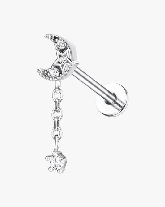 A single silver-colored stud earring with a sparkling, intricately designed setting on a white background.