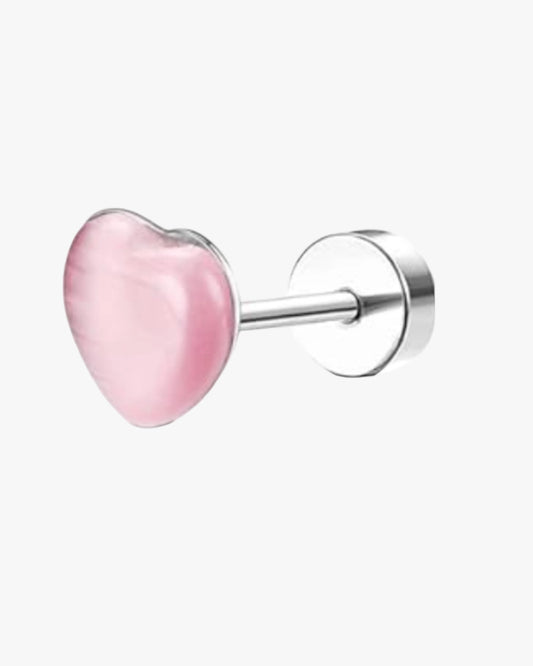A stainless steel stud with a pink heart-shaped attachment and a silver-colored cap.