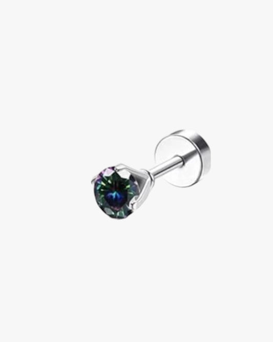 A single silver-colored stud earring with a clear, multicolored gemstone in a classic six-prong setting.