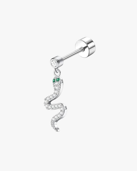 A silver-colored stainless steel stud earring with a single row of clear stones set in a curved pattern.