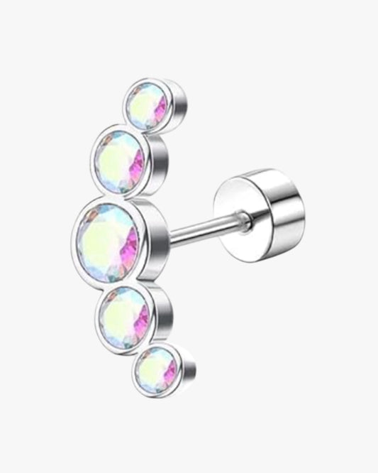 A silver-colored stainless steel stud earring with multiple clear crystals set in a circular pattern.