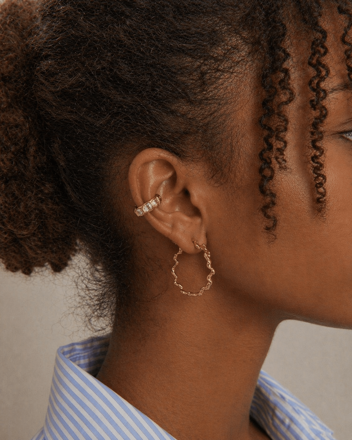 18K PVD Gold Baguette Crystal Ear Cuff in ear