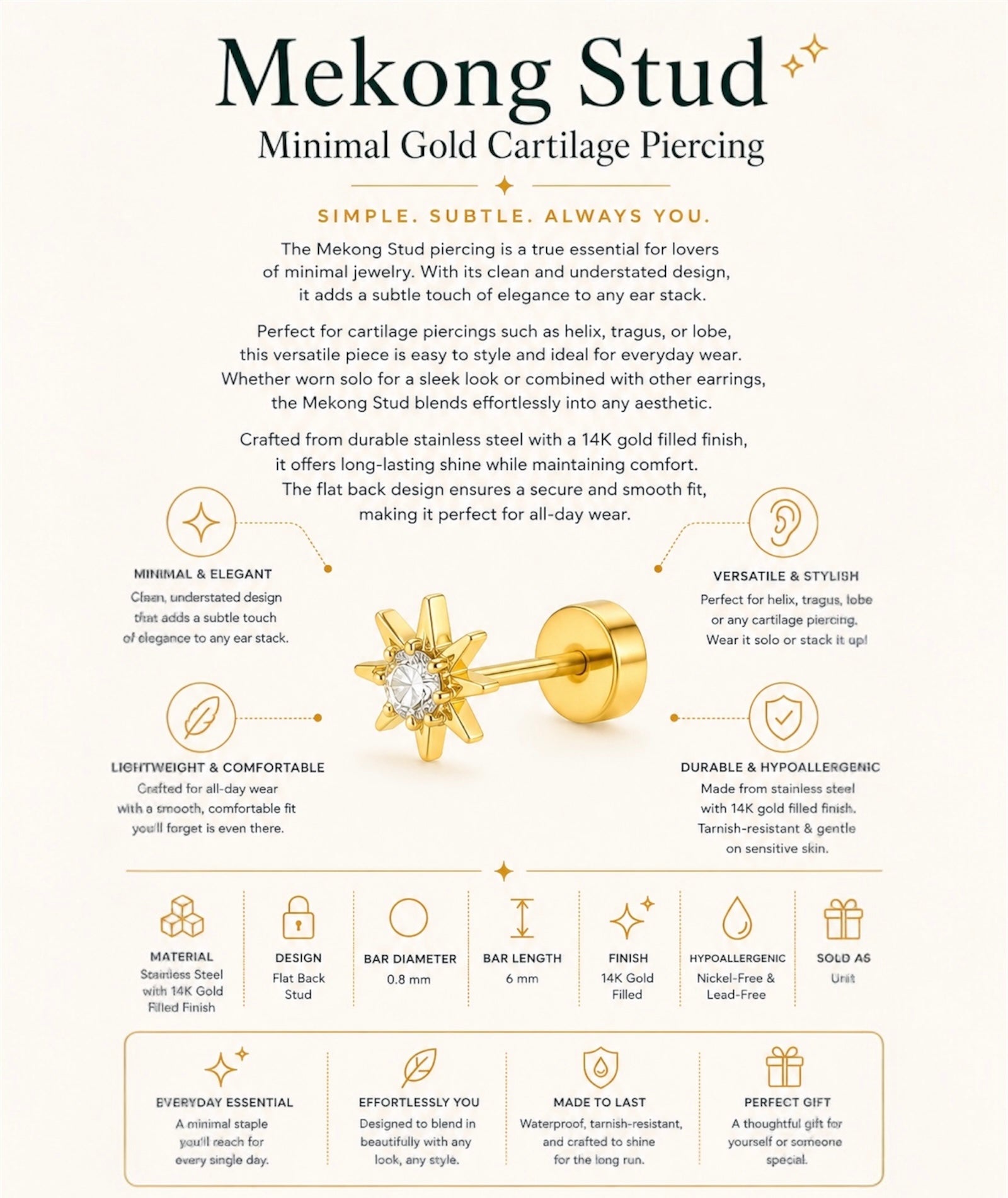 Mekong Stud – Minimal Gold Cartilage Piercing