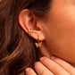 Close-up of an ear wearing gold hoop earrings with a blurred background