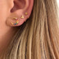 A pair of gold-colored stainless steel hoop earrings with three star-shaped cutouts in ear