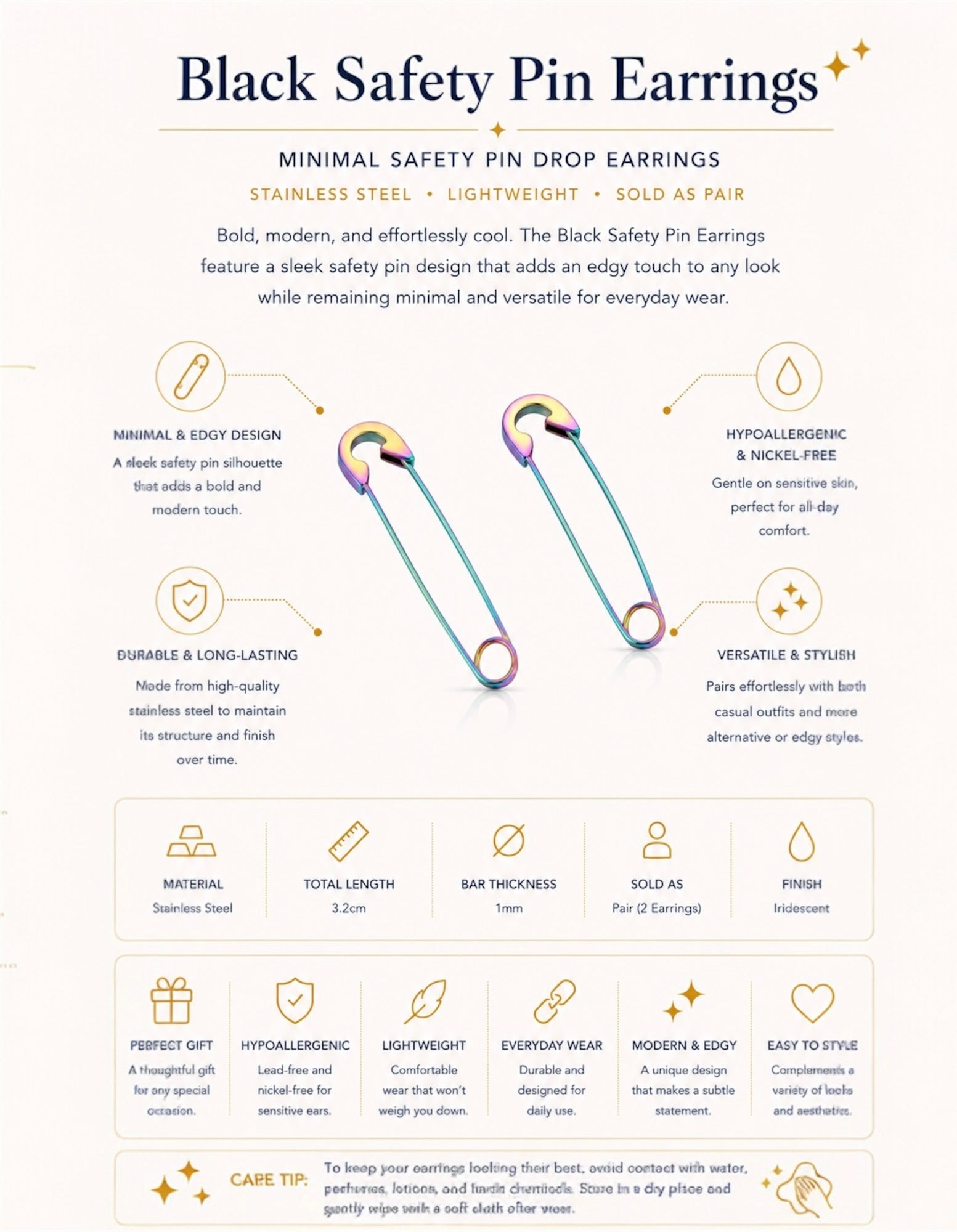 Rainbow Safety Pin Earrings – Iridescent Safety Pin Drop Earrings
