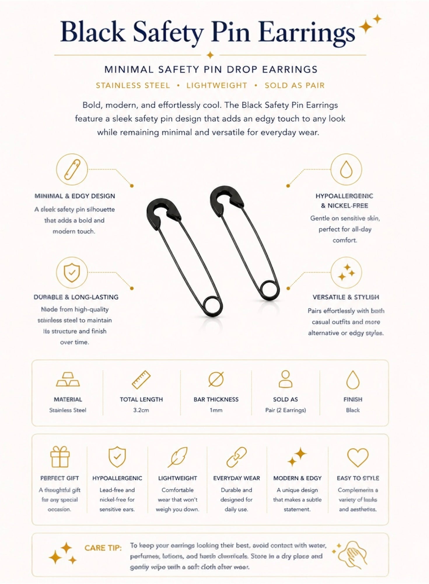 Black Safety Pin Earrings – Minimal Safety Pin Drop Earrings
