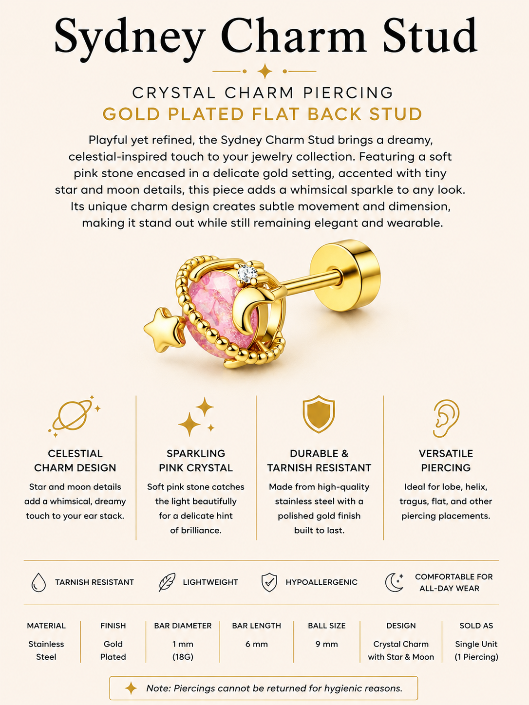 Gold Plated Stainless Steel Sydney Charm Flat Back Stud Earring