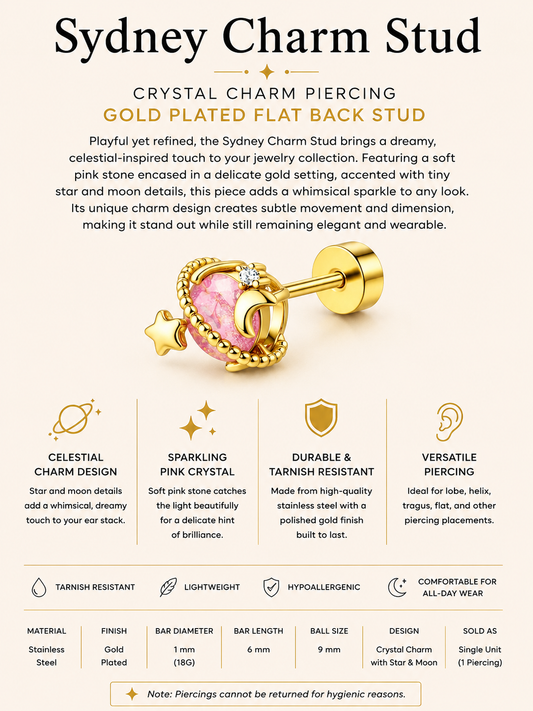 Gold Plated Stainless Steel Sydney Charm Flat Back Stud Earring