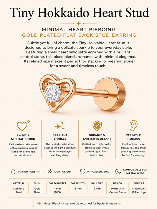 Gold Plated Stainless Steel Tiny Hokkaido Heart Flat Back Stud Earring
