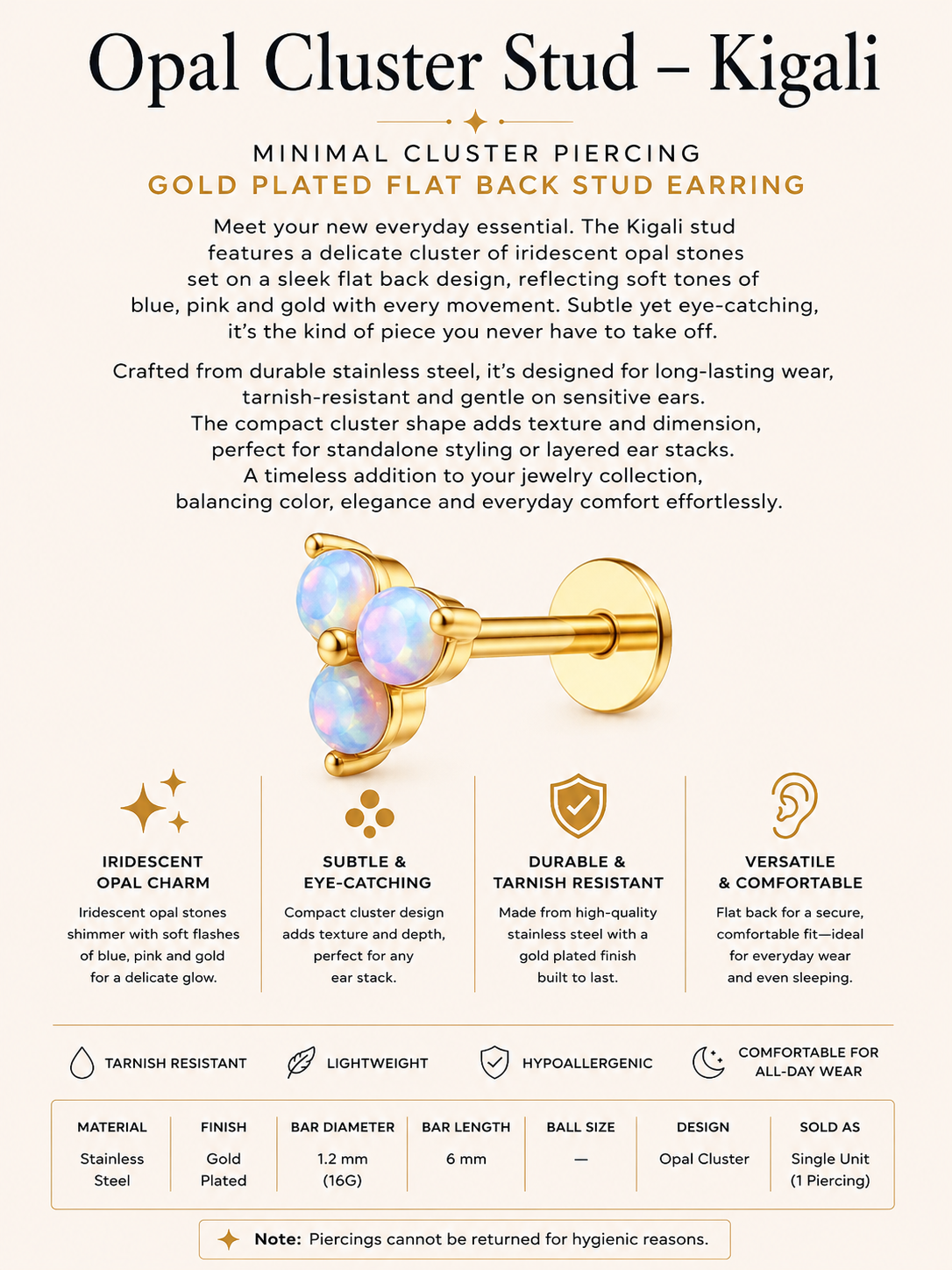 Gold Plated Stainless Steel Opal Cluster Flat Back Stud Earring – Kigali