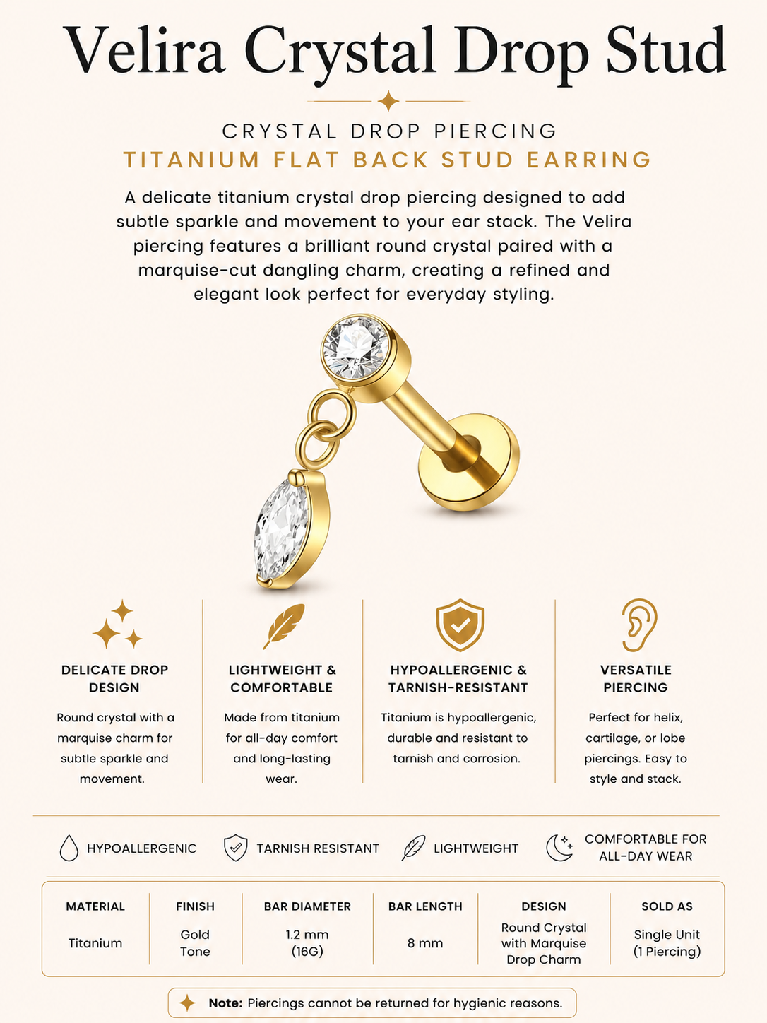 Titanium Crystal Drop Piercing – Velira | Flat Back Cartilage Earring