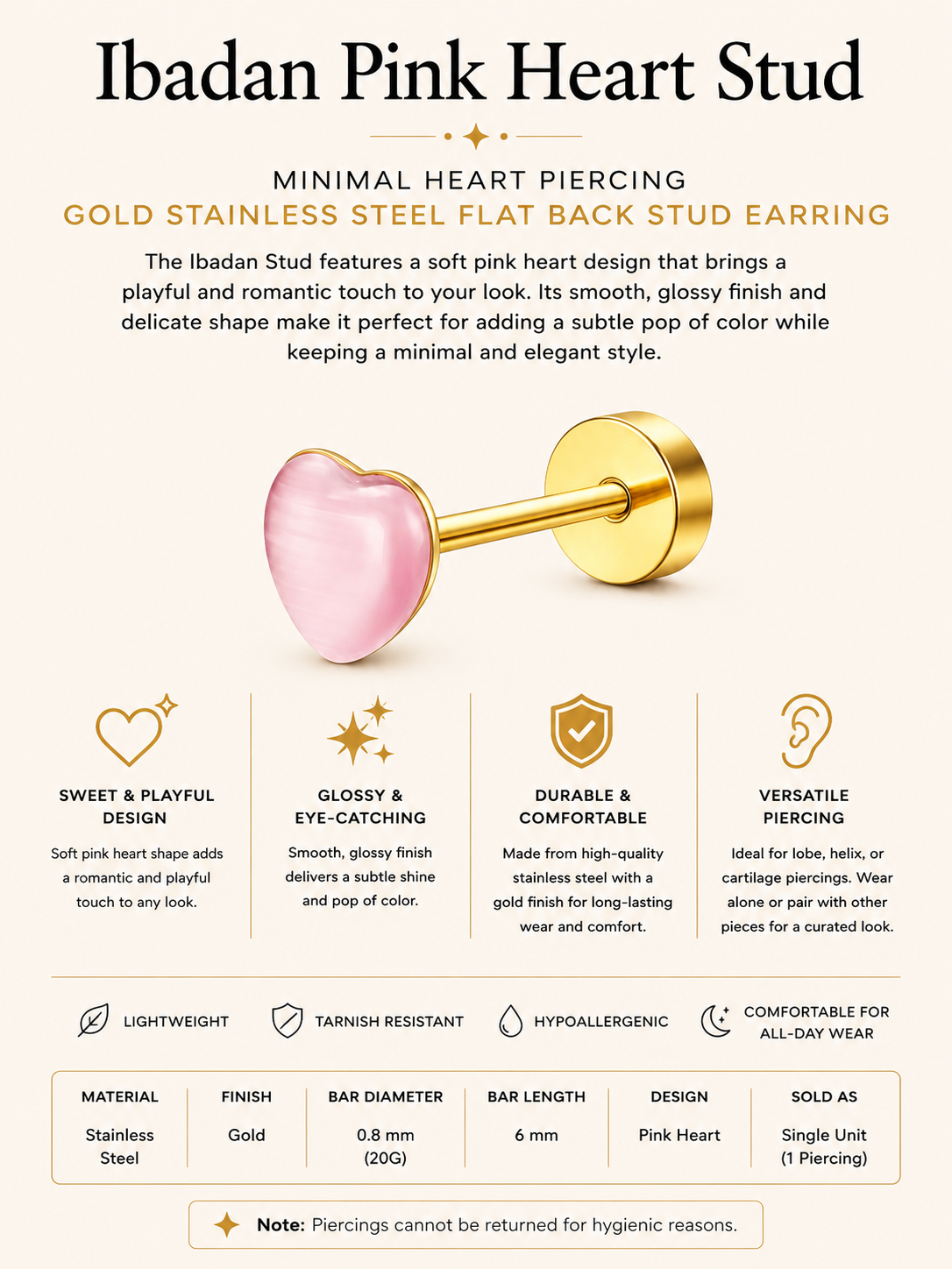 Gold Stainless Steel Pink Heart Stud Earring – Ibadan