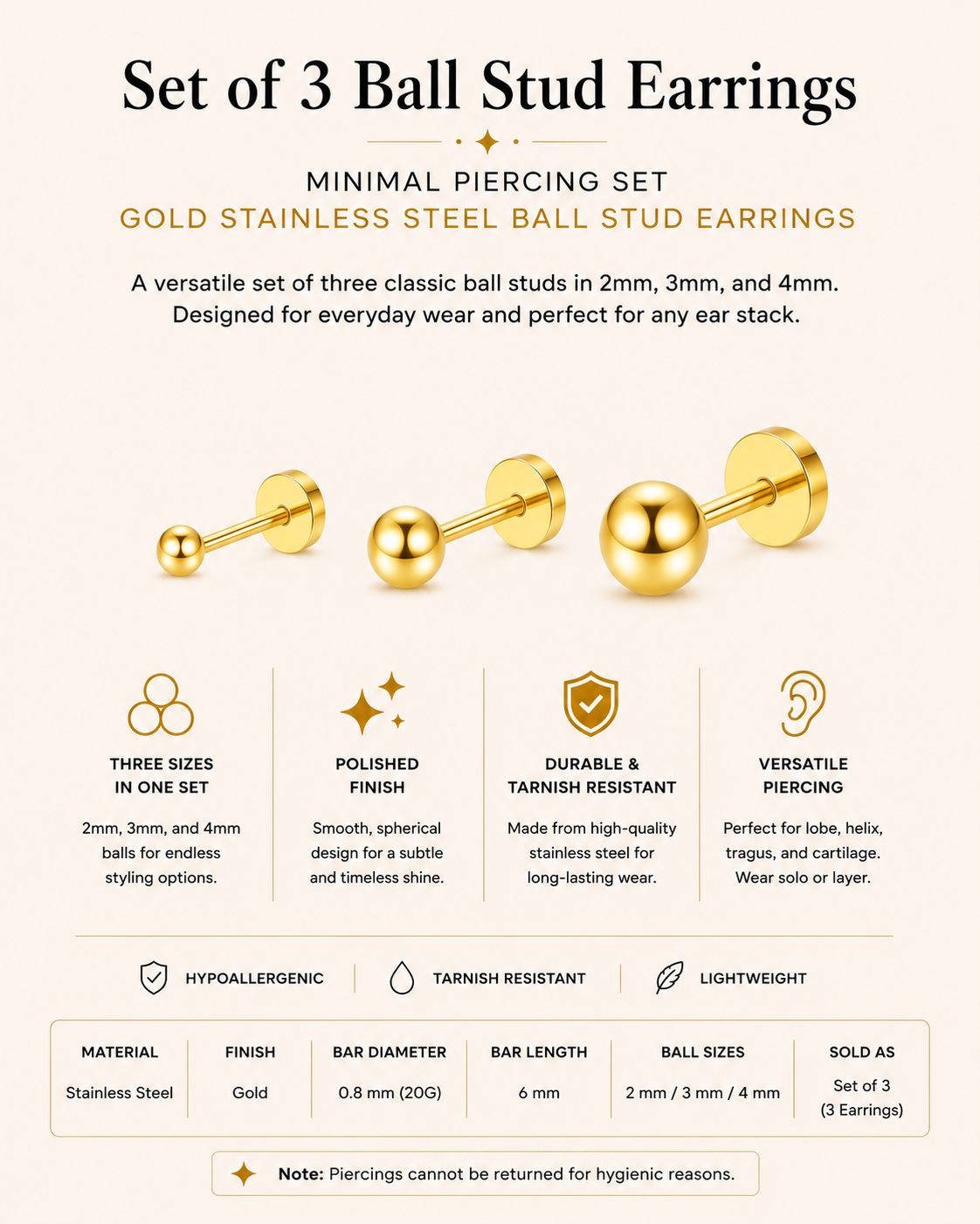 Set of 3 Ball Stud Earrings – Minimal Piercing Set (2mm / 3mm / 4mm)