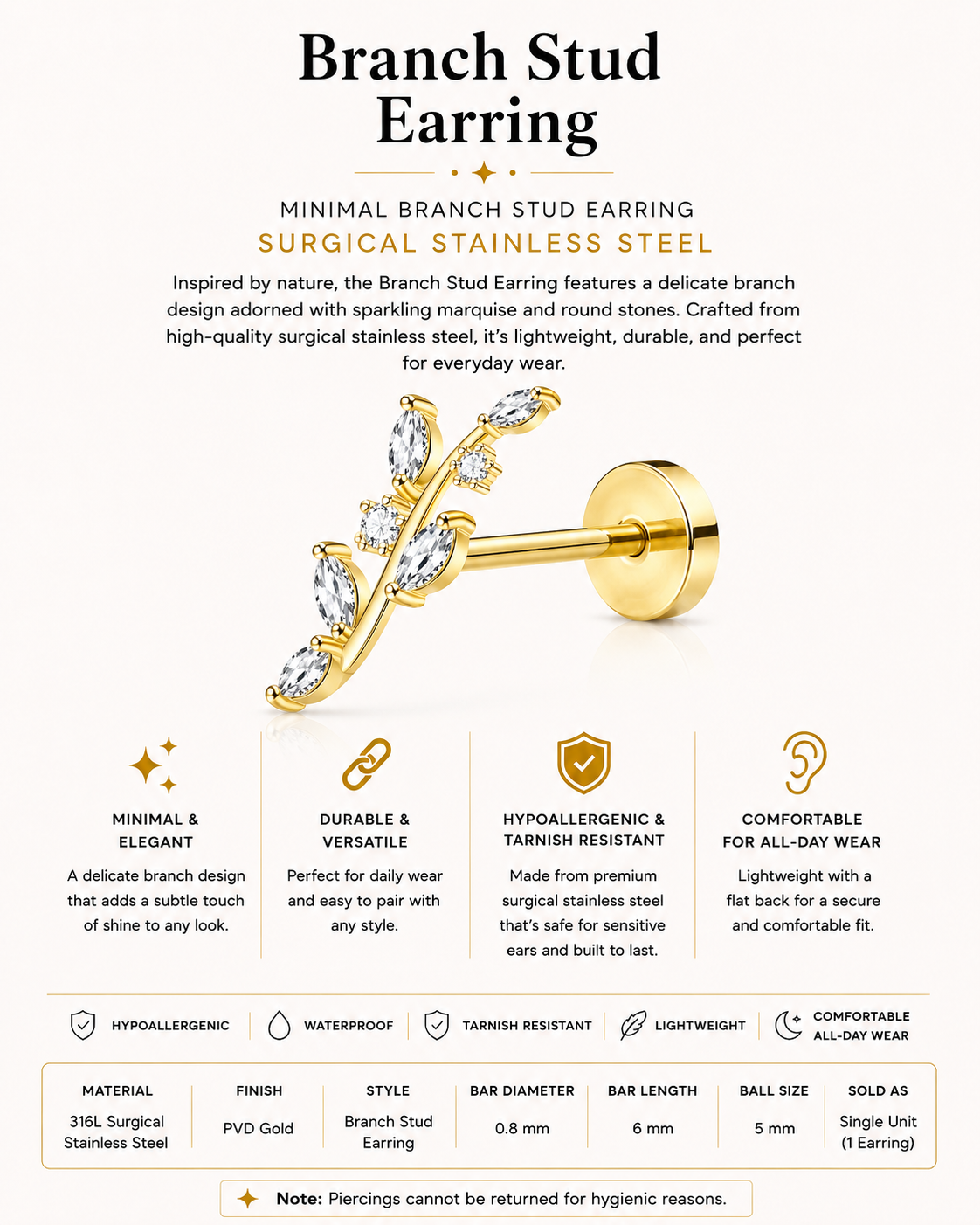 Branch Stud – Minimal Flat Back Cartilage Piercing