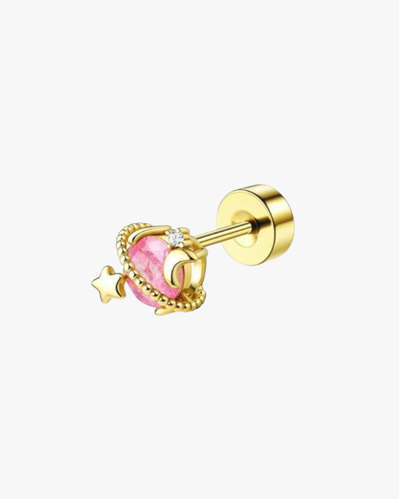 Gold earring with pink gemstone and star design on a white background