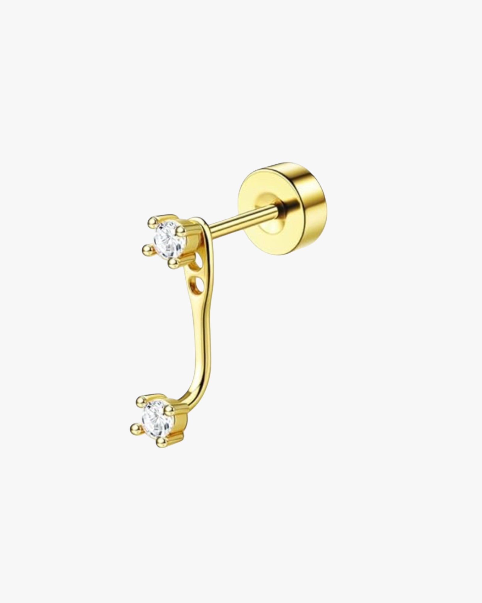 Gold earring with two small diamonds on a white background
