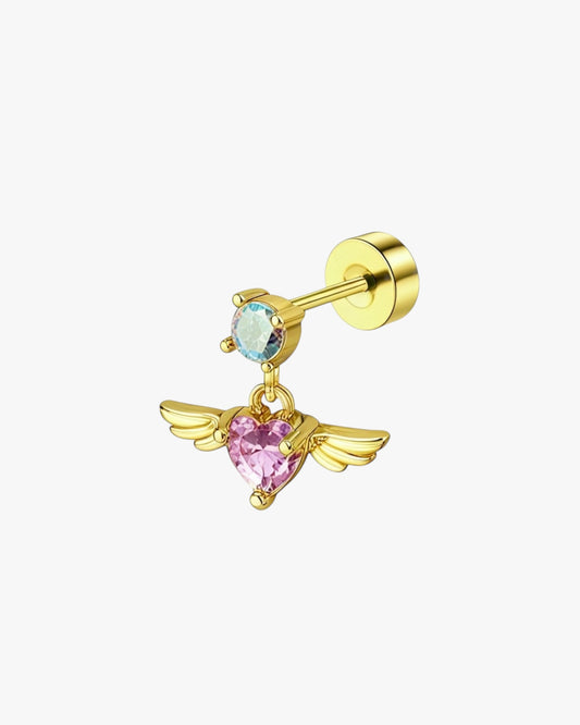 Gold earring with pink gemstone and angel wings on a white background