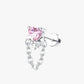 Silver earring with pink heart-shaped gemstone on a white background