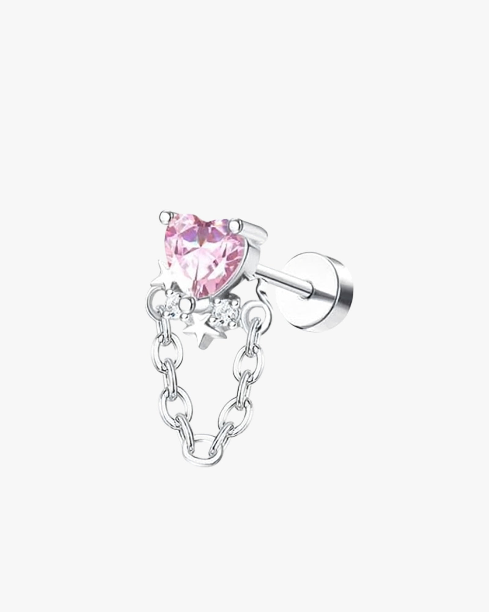 Silver earring with pink heart-shaped gemstone on a white background