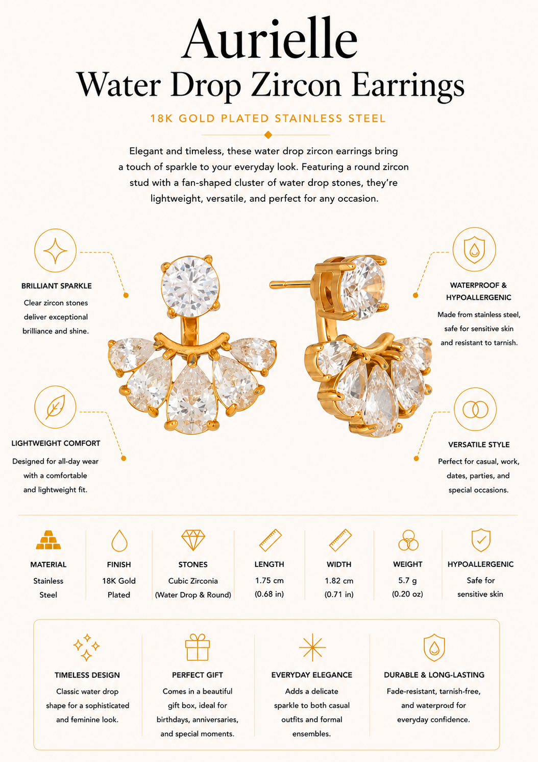 Aurielle Crystal Fan Earrings | Gold Plated PVD