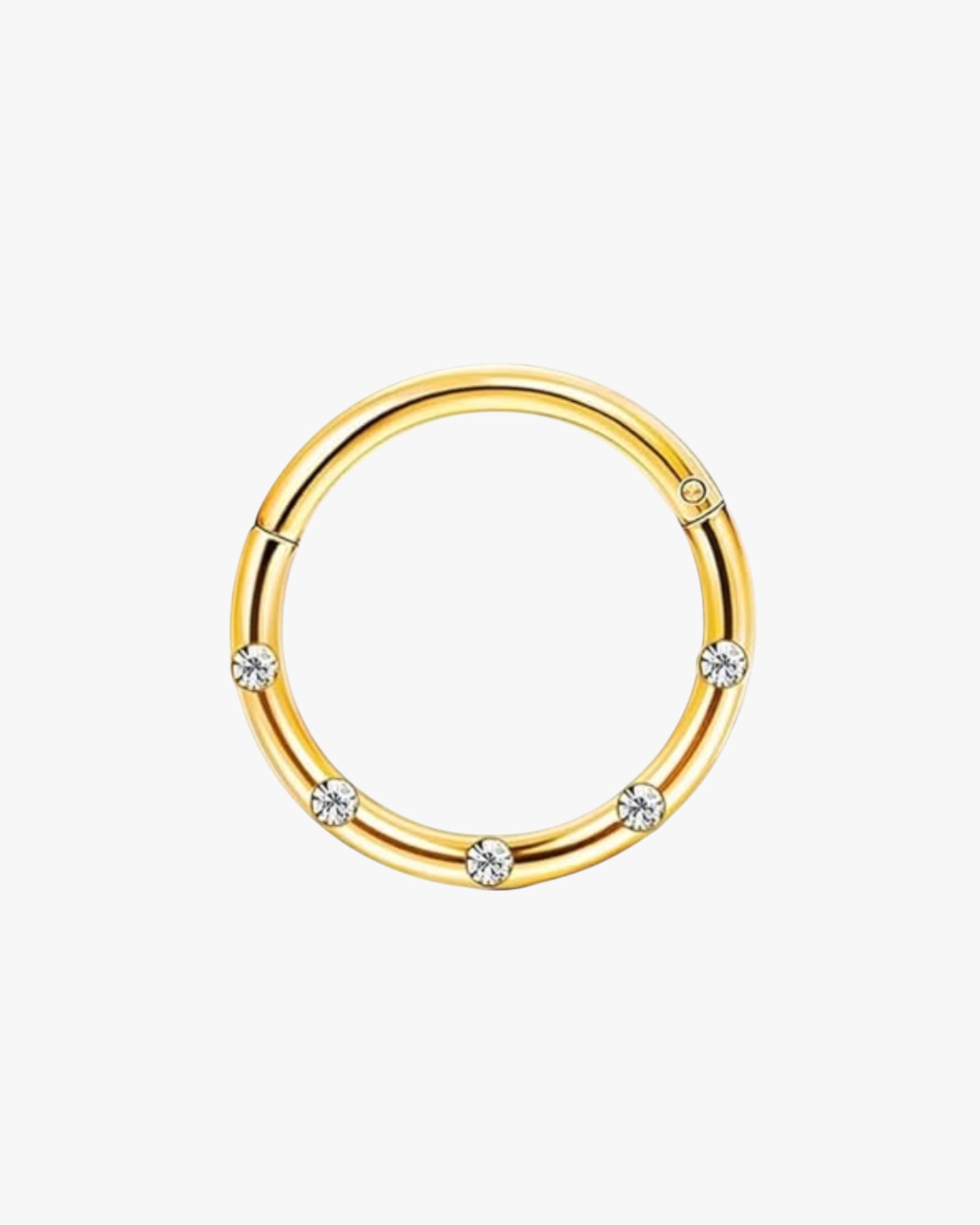 A gold-colored stainless steel hoop earring with a closed circular design and a small diamond-like embellishment in the center.